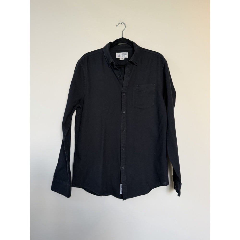Original Penguin Men's L Black Solid Long Sleeve Button-Up Shirt Point Collar